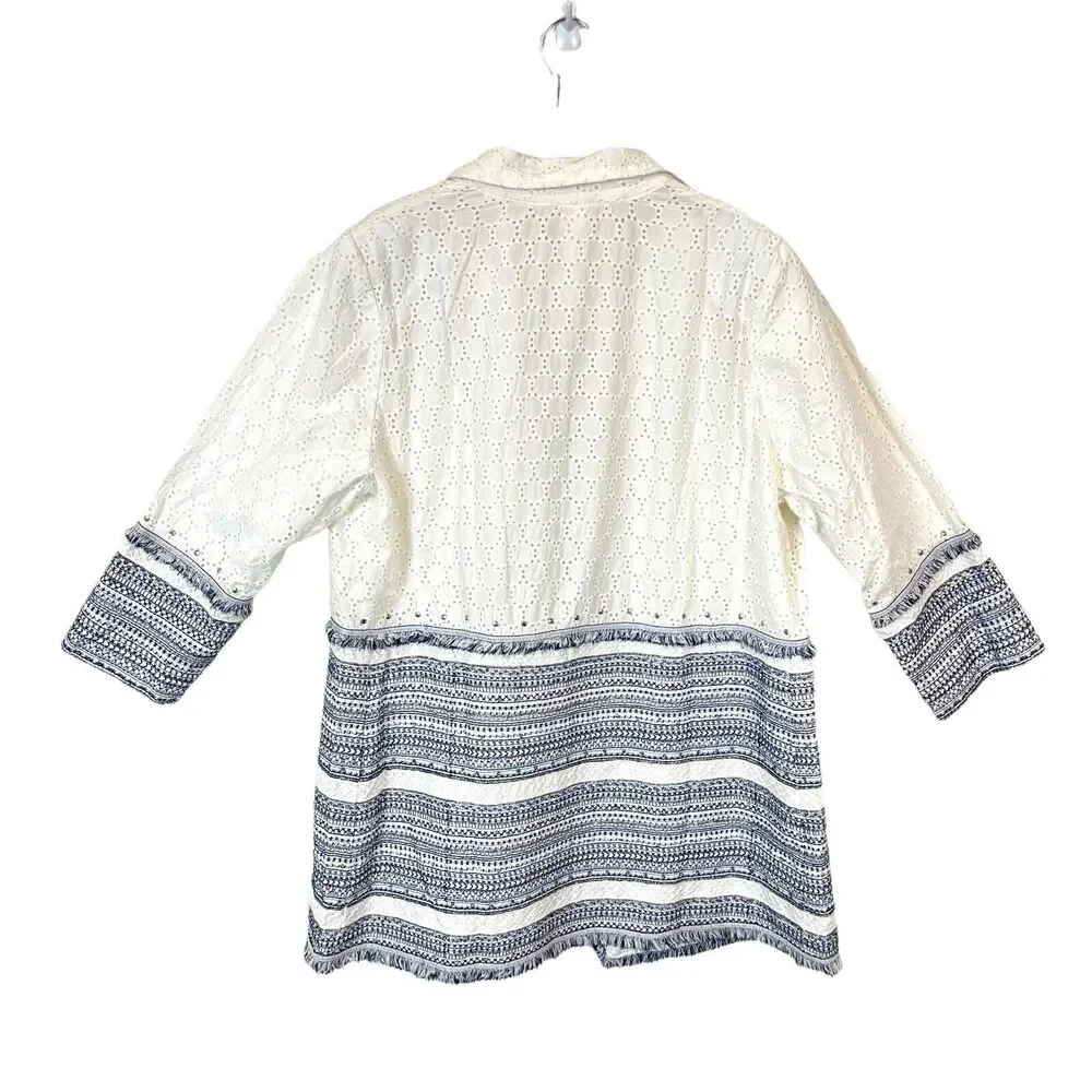 Chico's Eyelet Topper Jacket Embellished Cotton Linen White Blue SZ 12 P NWT
